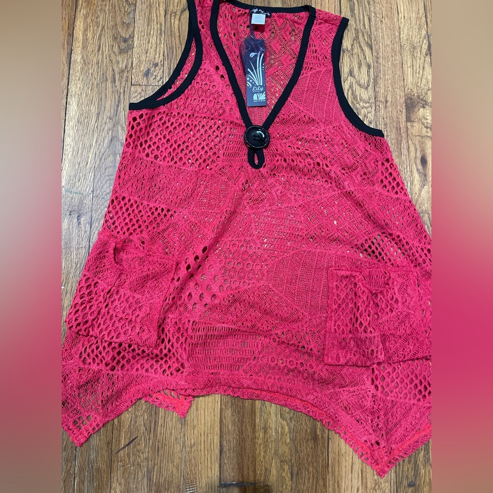 Lily Pink Crochet Tank with Black Trim and Button
